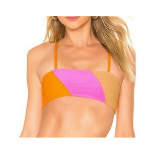 ELLEJAY Revolve Lauren Color Block Orange Tan Pink Bikini Top  LG NWT